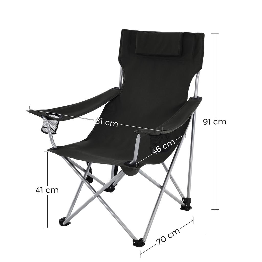 SONGMICS Folding Camping Chair, Outdoor Chair with Armrests, Headrest and Cup Holder, Stable Structure, Max. Capacity 150 Kg, Black