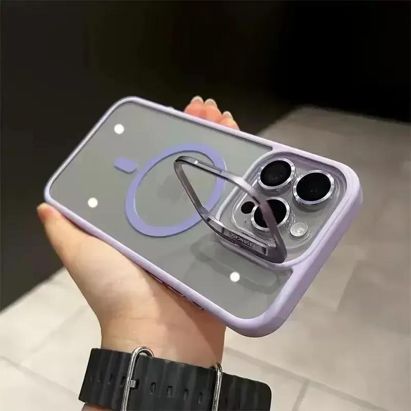 Metal Ring Lens Stand Protector Magnetic Phone Case for IPhone 17 16 15 12 13 14 11 Pro Max for Magsafe with Glass Lens Cover