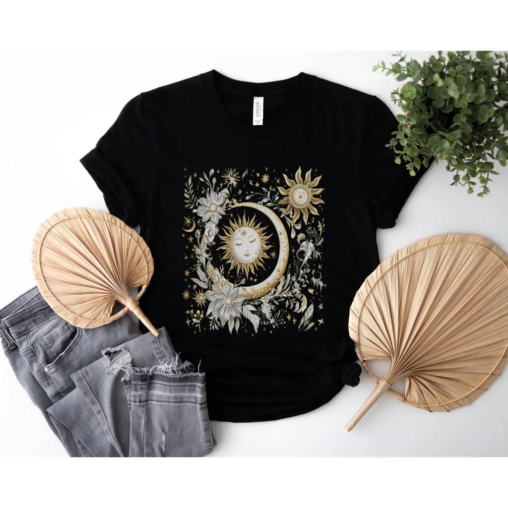 Celestial Sun And Moon Floral T Shirt Mystical Boho Nature Design Cosmic Vintage Stylish Versatile Designer Clothes