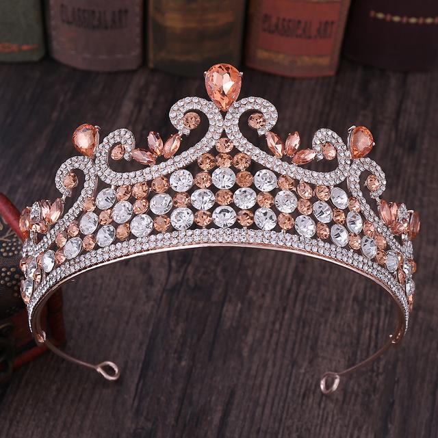 Fashion Rose Gold Peach Color Crystal Rhinestone Wedding Hair Accessories Queen Princess Diadems Women Tiara Crown Head Jewelry