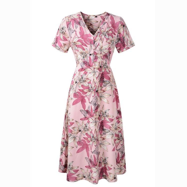 

Шикарное женское летнее платье с V-образным вырезом и коротким рукавом, свободное А-силуэт, длинное шифоновое с принтом, повседневные размеры от S до XL XXL