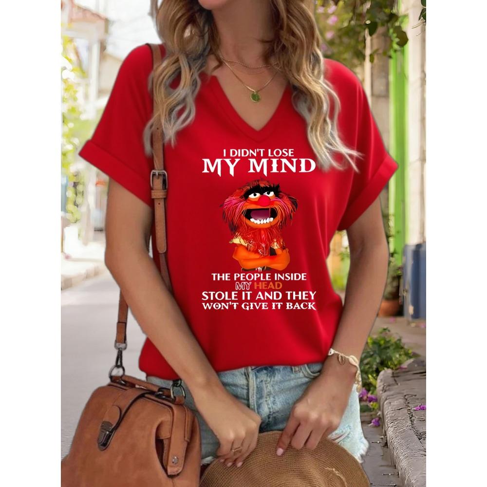 Women's V-Neck "I Didn't Lose My Mind" Graphic Tee, Funny Cartoon Print T-Shirt, Casual Short Sleeve Humor Top