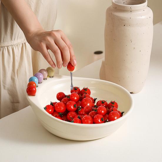 Fruit Bowl with 6 Colorful Fruit Forks Large Capacity Spiral Bottom Bowl with Fork Storage Hole for Snacks And Parties