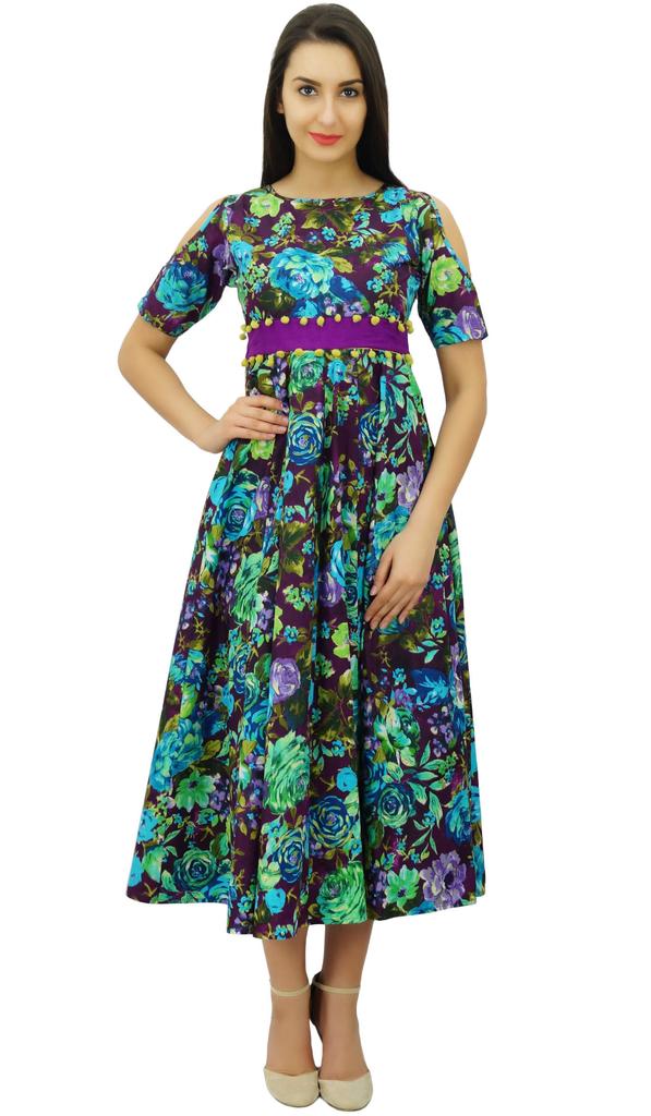 Bimba Women's Cotton Cold-Shoulder Long Dress With Pom Pom Chic Trendy