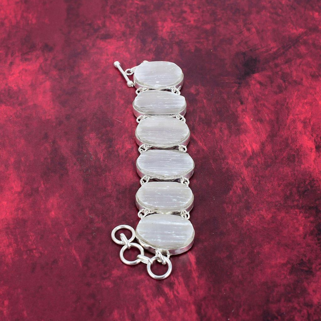 Selenite Druzy 925 Solid Sterling Silver Bracelet with Adjustable Chain, Handmade Gemstone Jewelry Bracelet For Memorial Day