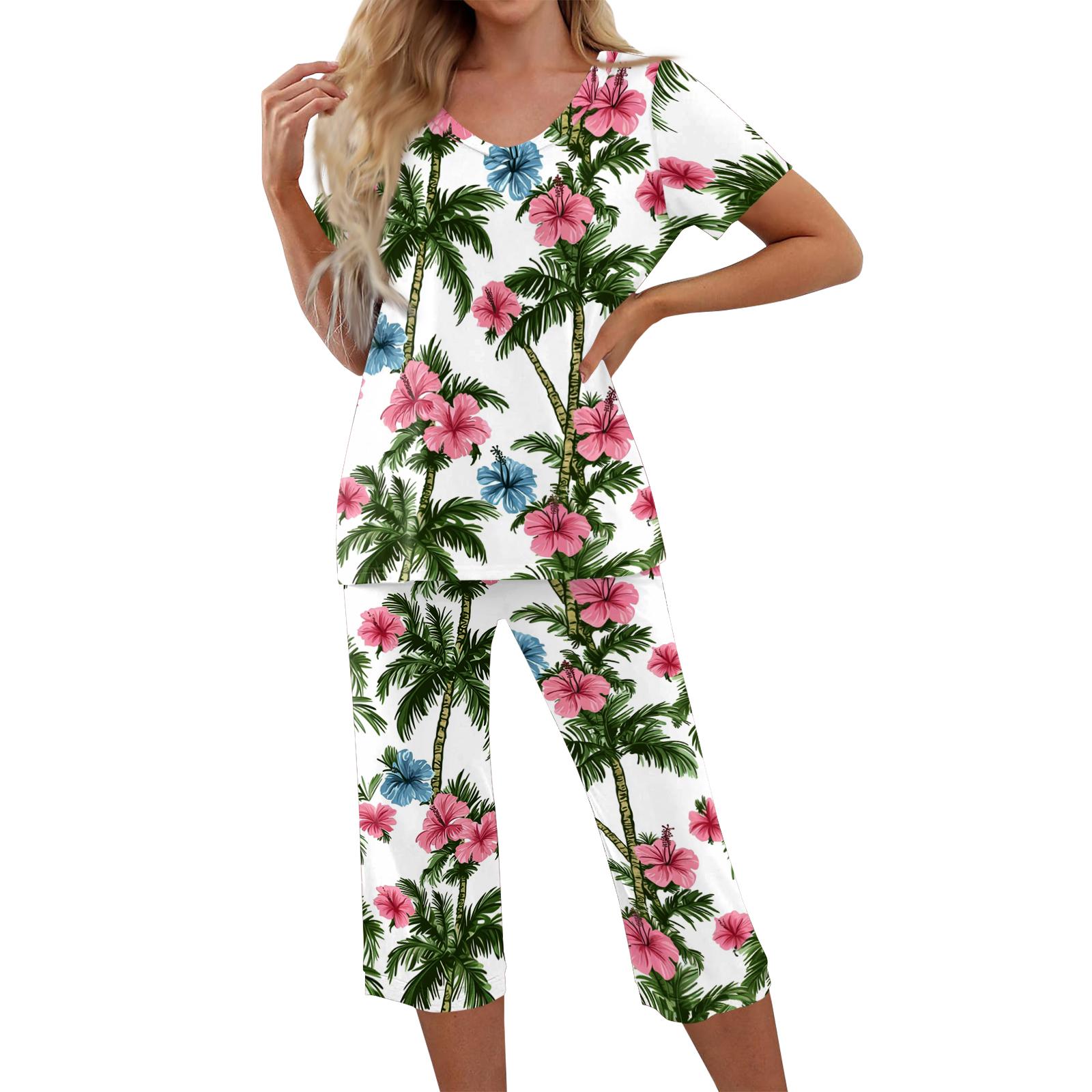 

2 Piece Sets For Women Short Sleeve Top And Pants With Pockets Workout Soft Print Sets L зелёный