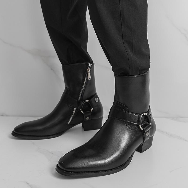 Men's High-Top Chelsea Motorcycle Boots - Trendy British Style Pointed Toe Leather Casual Short Boots.