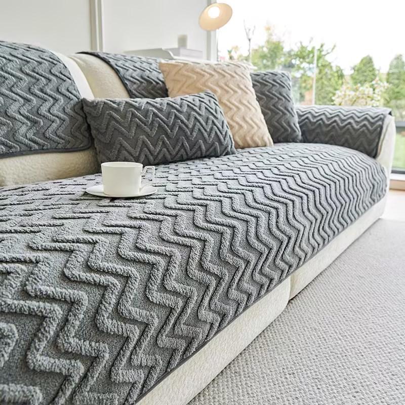 1PC Wave Pattern Plush Sofa Cushion Light Luxury Sofa Mat Towel Solid Color Anti-slip Couch Slipcover for Living Room Decor