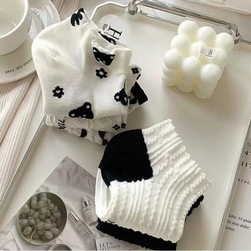5/10/20 Pairs Women Cartoon Flower Printed Short Socks Cute Sweet Style Soft Comfortable Sweat Absorbing Breathable Casual Socks