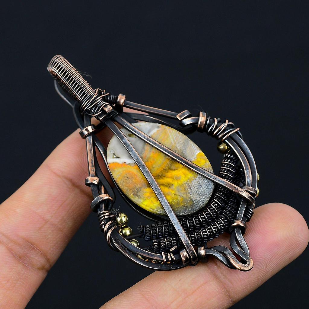 Bumblebee Jasper Gemstone Pure Copper Wire Wrapped Designer Handmade Pendant Jewelry