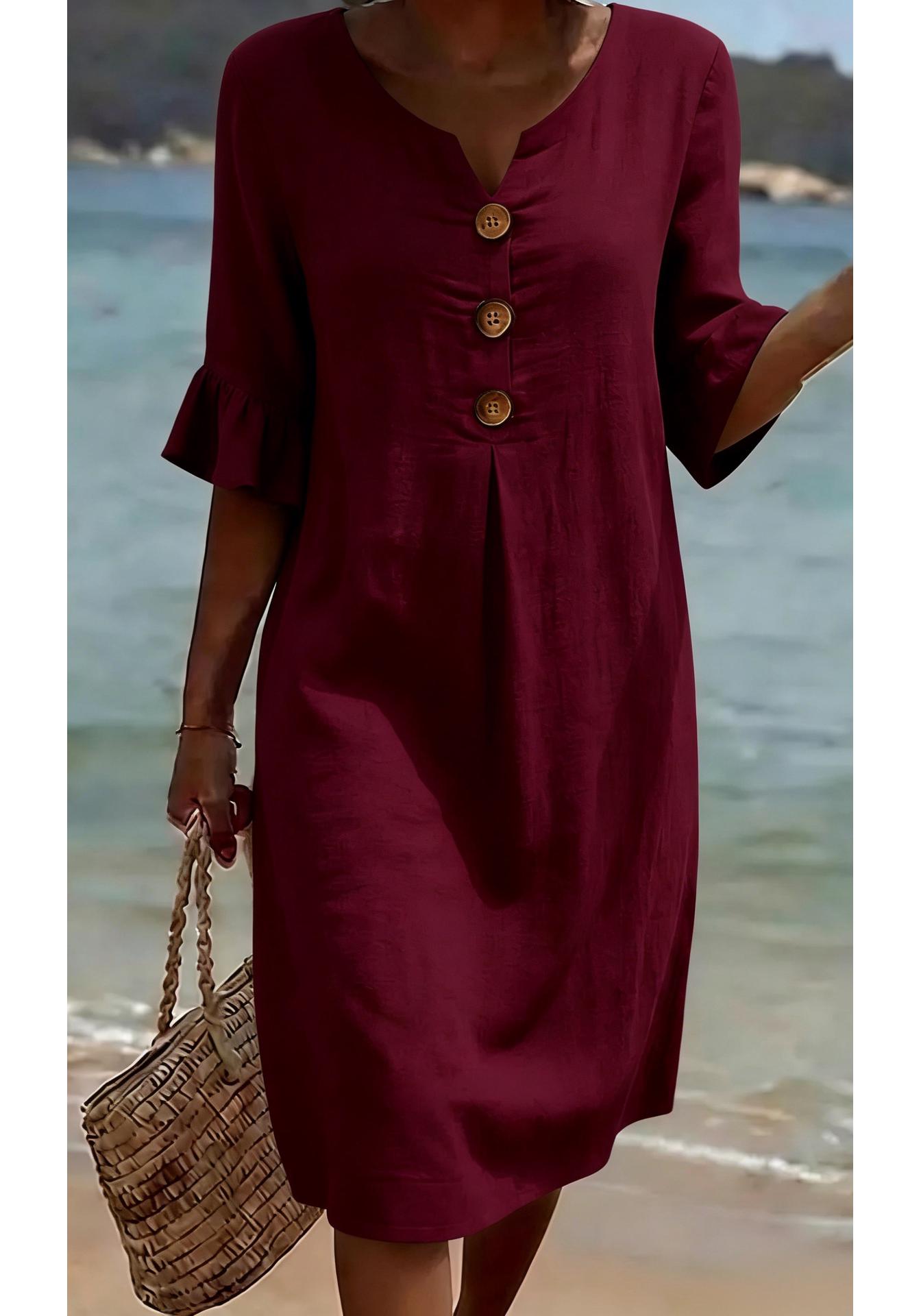 2026 Europäisches Baumwoll-Leinen V-Ausschnitt Kleid mit großen Knöpfen und Rüschenärmeln für Damen - Frühjahr/Sommer Kollektion Large claret