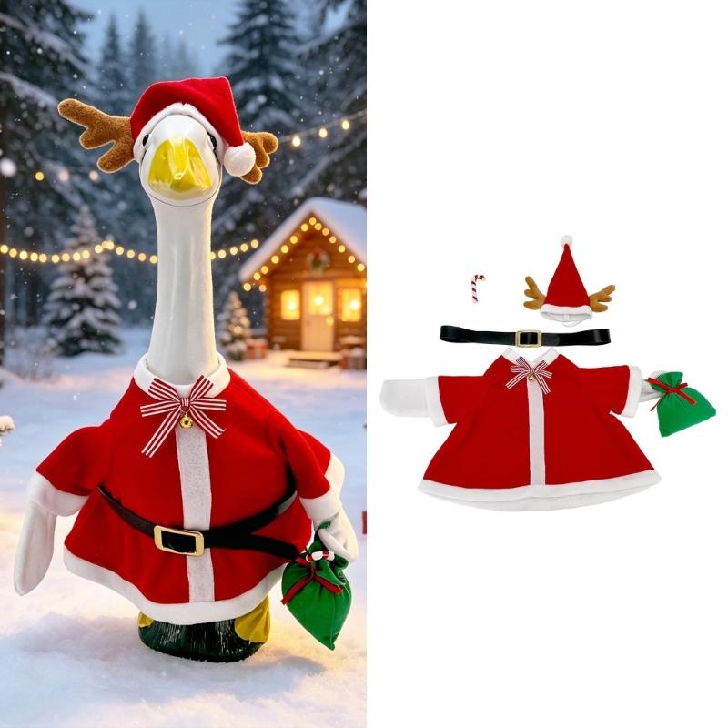 23Inch Porch Geese Statue Costume Polyester Santa Themed Outfit with Horned Deer Motif Styling for Christmas Yard and Holiday Photo Displays