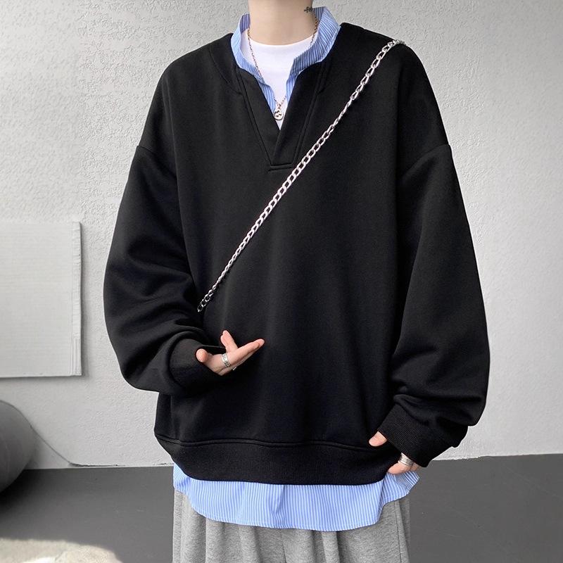 

Мужской осенний свитер с V-образным вырезом, имитирующий двойку, свободного кроя, большого размера, куртка в университетском стиле XXL чёрный