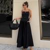 Womens French Style Black Cami Dress Set Cotton High Waist Long Skirt 2 Piece Outfit