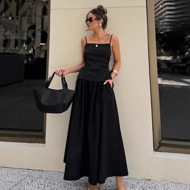 Womens French Style Black Cami Dress Set Cotton High Waist Long Skirt 2 Piece Outfit