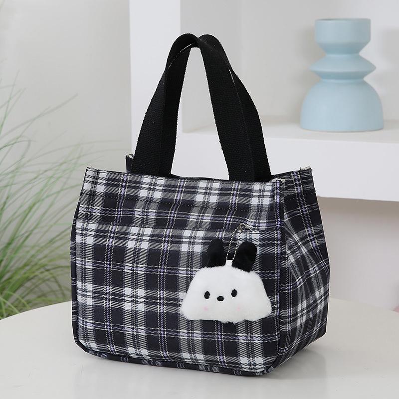 Cartoon Casual Plaid Pattern Canvas Versatile Handbag With Plush Pendant Office Worker Lunch Bag Tote Bag Mountaineering Bag