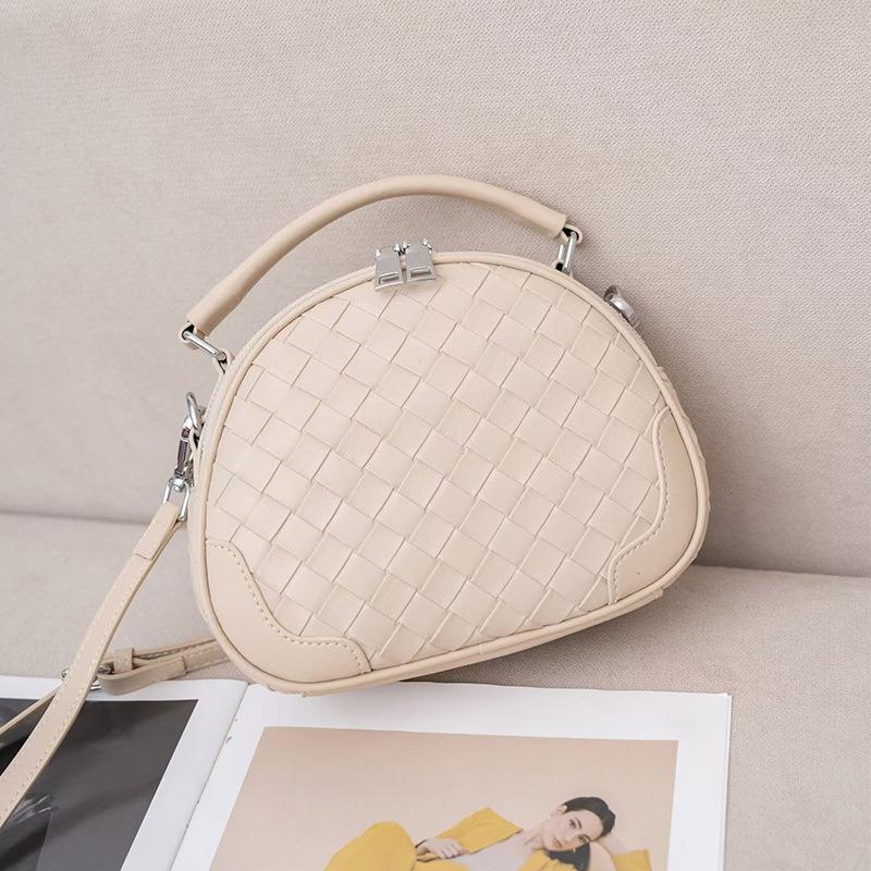 

2025 Autumn Winter New Genuine Leather Woven Crossbody Handbag Small Round Bag Double Zipper Large Capacity Cowhide Half Round Apple Bag 21*17*10 бежевий