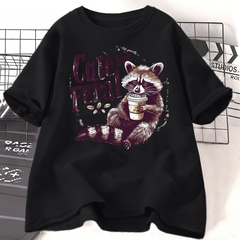 Funny Racoon Cute But Feral T Shirt Women Funny Opossum Tee Retro Animal Meme Tshirt Cotton Short Sleeve Clothing Female Tees