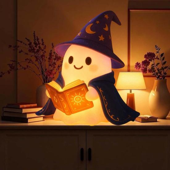 Yousheng 1/2Pcs Enchanting Wizard Ghost Night Light Halloween Reading Book Ghost LED Lamp Home Bedroom Kids Room Decoration Book Lovers Gift
