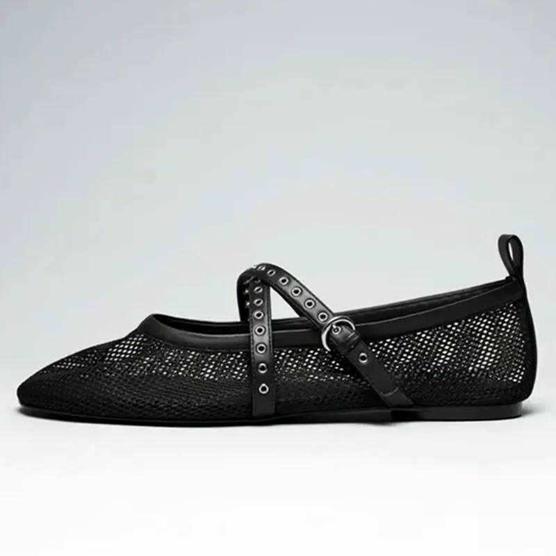 Mesh Ballet Flats Women Fashion Leather Buckle Strap Hollow Flats Summer Light Comfort Beach Sandals Mules Loafers