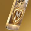 Sparkling Heart Letter M Pattern Metallic Paint Glass Phone Case For iPhone 17 16 15 14 13 12 11 Pro Max Plus 17 Air 16E Cover