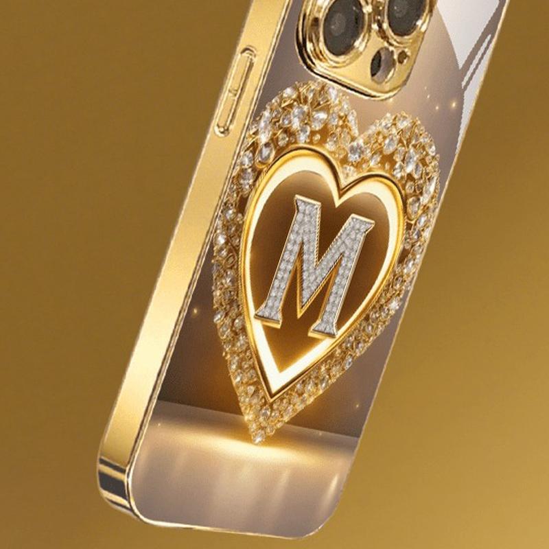 Sparkling Heart Letter M Pattern Metallic Paint Glass Phone Case For iPhone 17 16 15 14 13 12 11 Pro Max Plus 17 Air 16E Cover