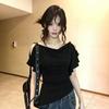 Human Cotton, Ruffle Leaf Edge Off-the-shoulder Swinging Collar T-shirt for Women's Summer Wear Temperament Spice Girl Style Waist and Thin Top