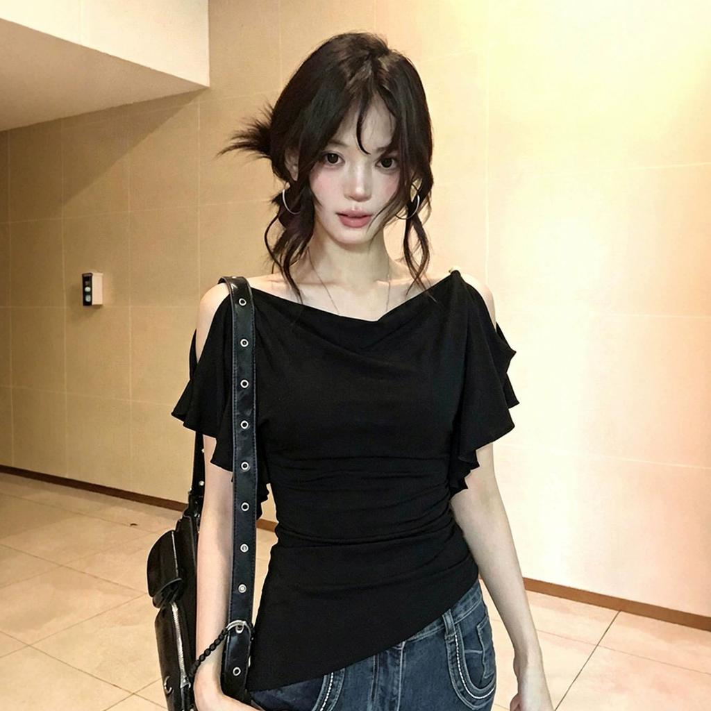 Human Cotton, Ruffle Leaf Edge Off-the-shoulder Swinging Collar T-shirt for Women's Summer Wear Temperament Spice Girl Style Waist and Thin Top