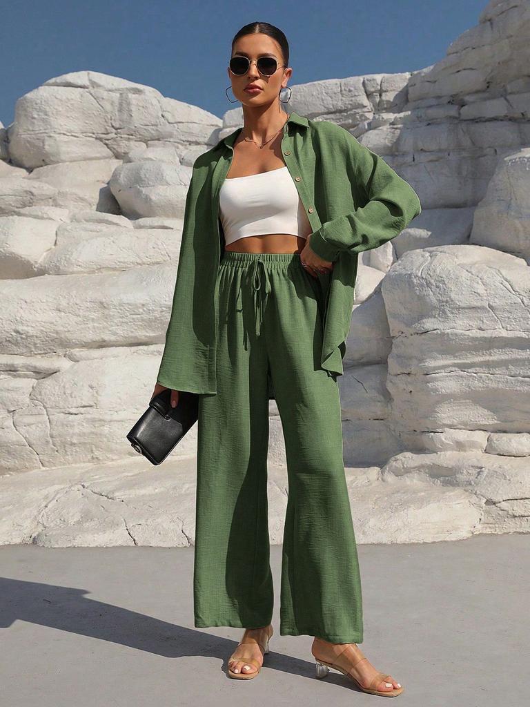 Women's Long Sleeve Shirt and Wide Leg Pants Suit Set