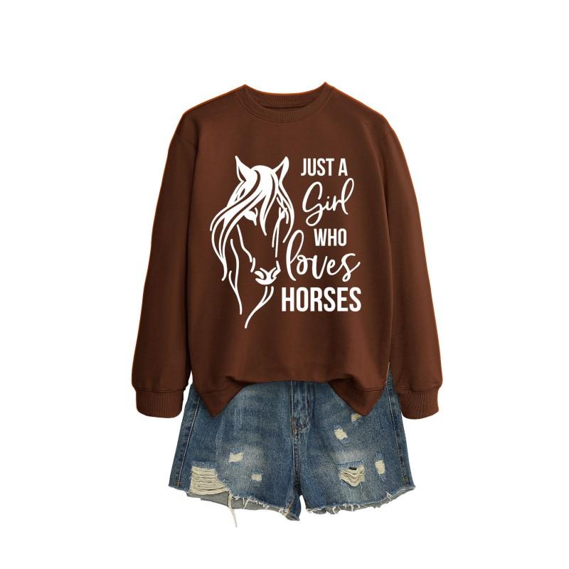Womens Oversized Long Sleeve Hoodie Top With Horse Lover Graphic Print Cotton Blend Casual Sweatshirt Winter