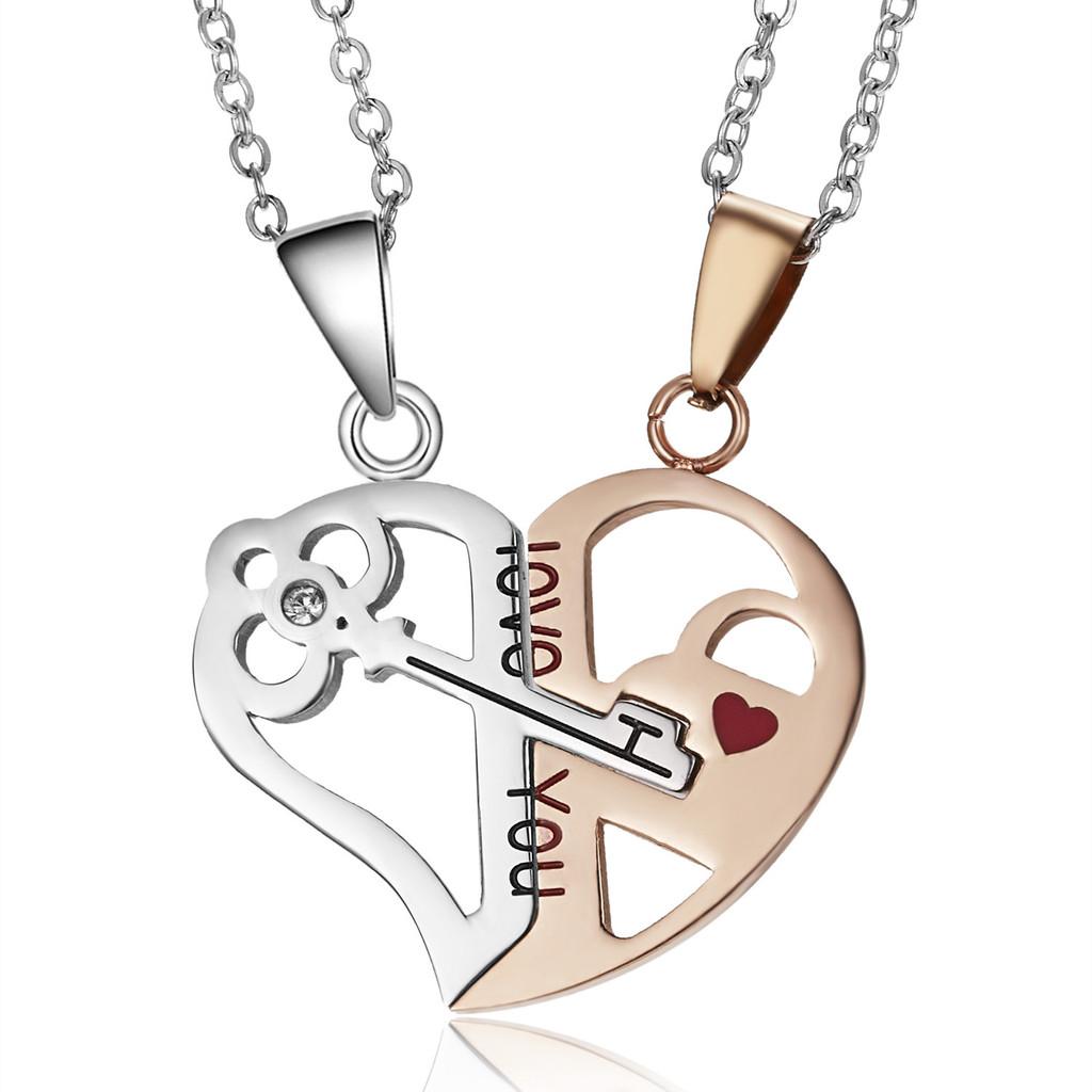 

Stainless Steel Cat Pendant Necklace With Heart Shape And Double Color Engraving For Couples Rose Gold