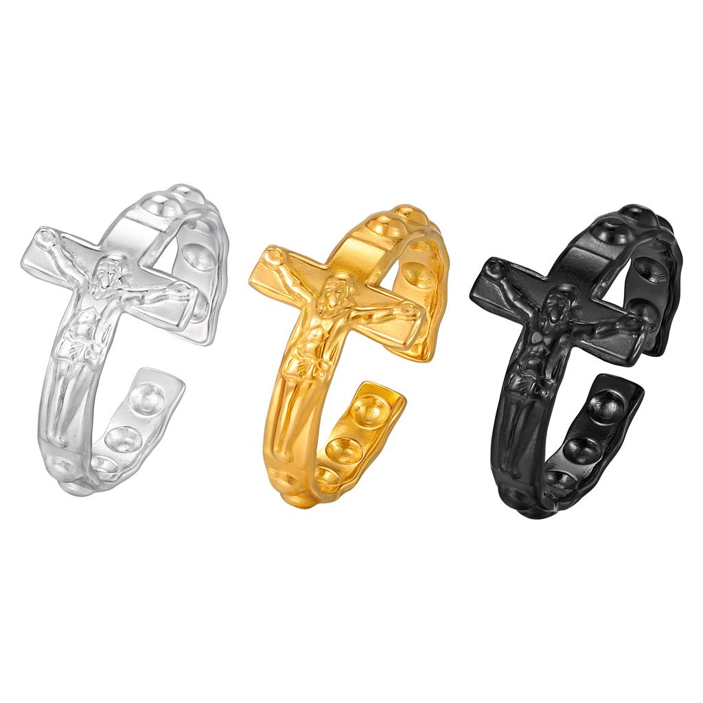 Fashion Vintage Jesus Cross Rings for Men, Waterproof Stainless Steel Adjustable Open Rings, Religious Party Jewelry Gift
