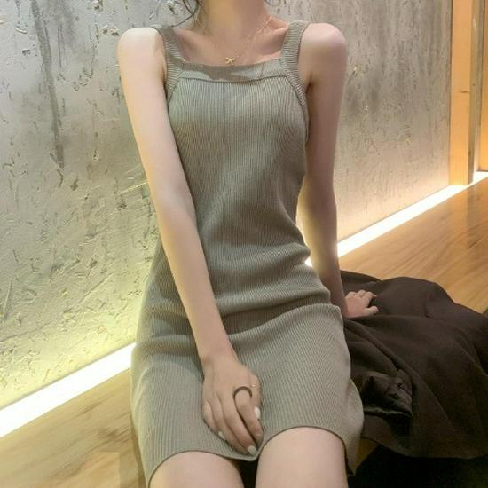Women's Korean-Style Knitted Spaghetti Strap Dress - Slimming & Flattering, Perfect for Spring and Autumn Layering