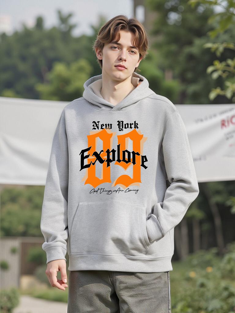 New York Explore Letter Creative Print Men Street Basic Hoodies Warm Soft Sweatshirts Casual Loose Top Fleece Trendy Man Clothes