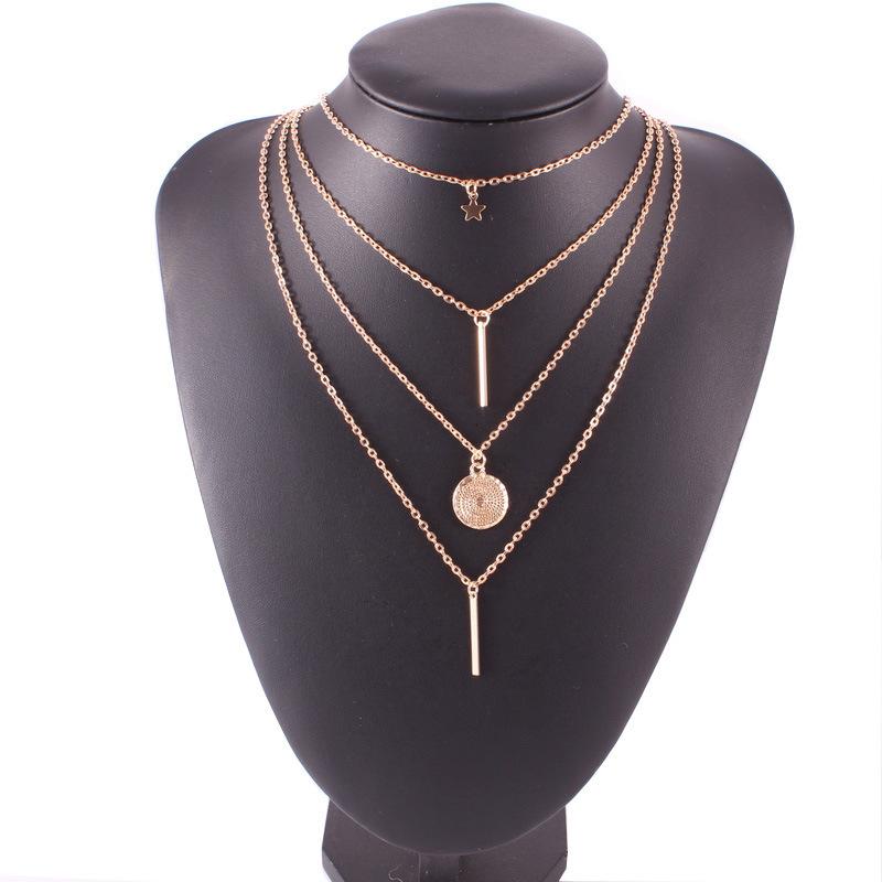 C131 New Product Five-Pointed Star Round Disc Geometric Necklace Fashionable Personality Multi-Layer Necklace 4 Layers