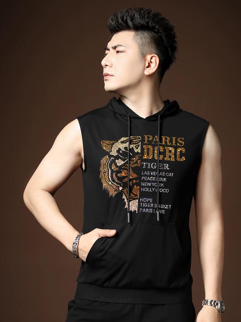 Summer Thin Men's Outerwear Tiger Rhinestone Hooded Sleeveless T-shirt Vest Fashion Casual Sports Waistcoat Men's Clothing
