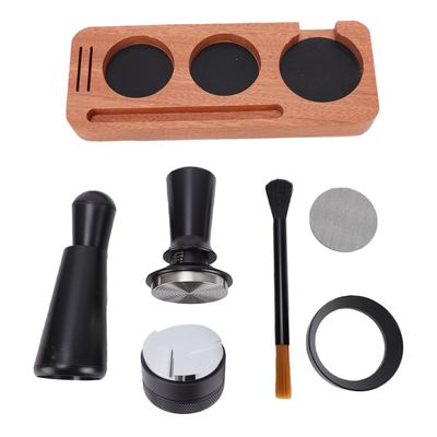 Coffee Tamper Set Distribution Tool Wooden Tamping Station Dosing Funnel Cleaning Brush Stainless Steel Filter