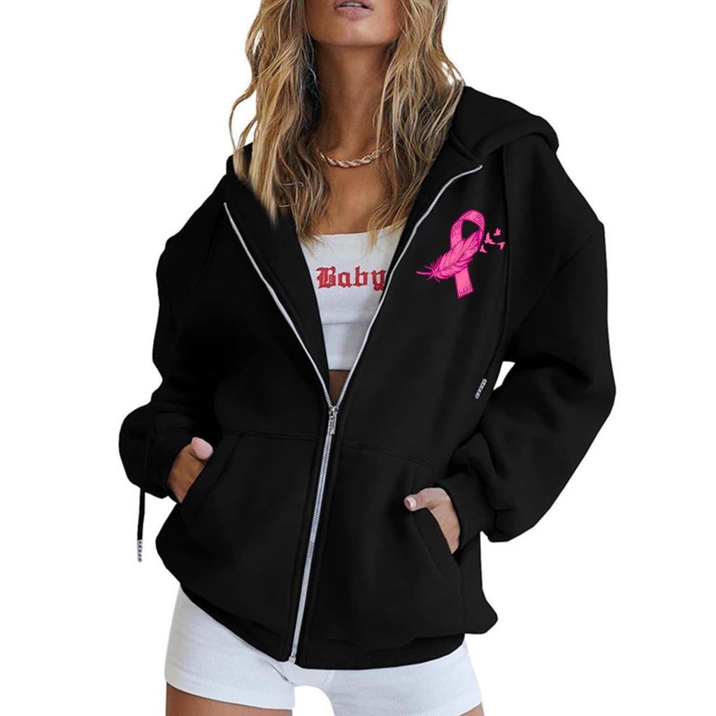 Women's Breast Sweatshirt Ribbon Breast Long Sleeve Hooded Pocket Casual Sweatshirt Jacket