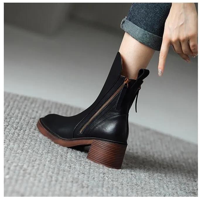 Spring and Autumn Woman Mid Calf Boots Women Zipper Heels Female Footwear Ladies Leather Short Boots Women's Shoes