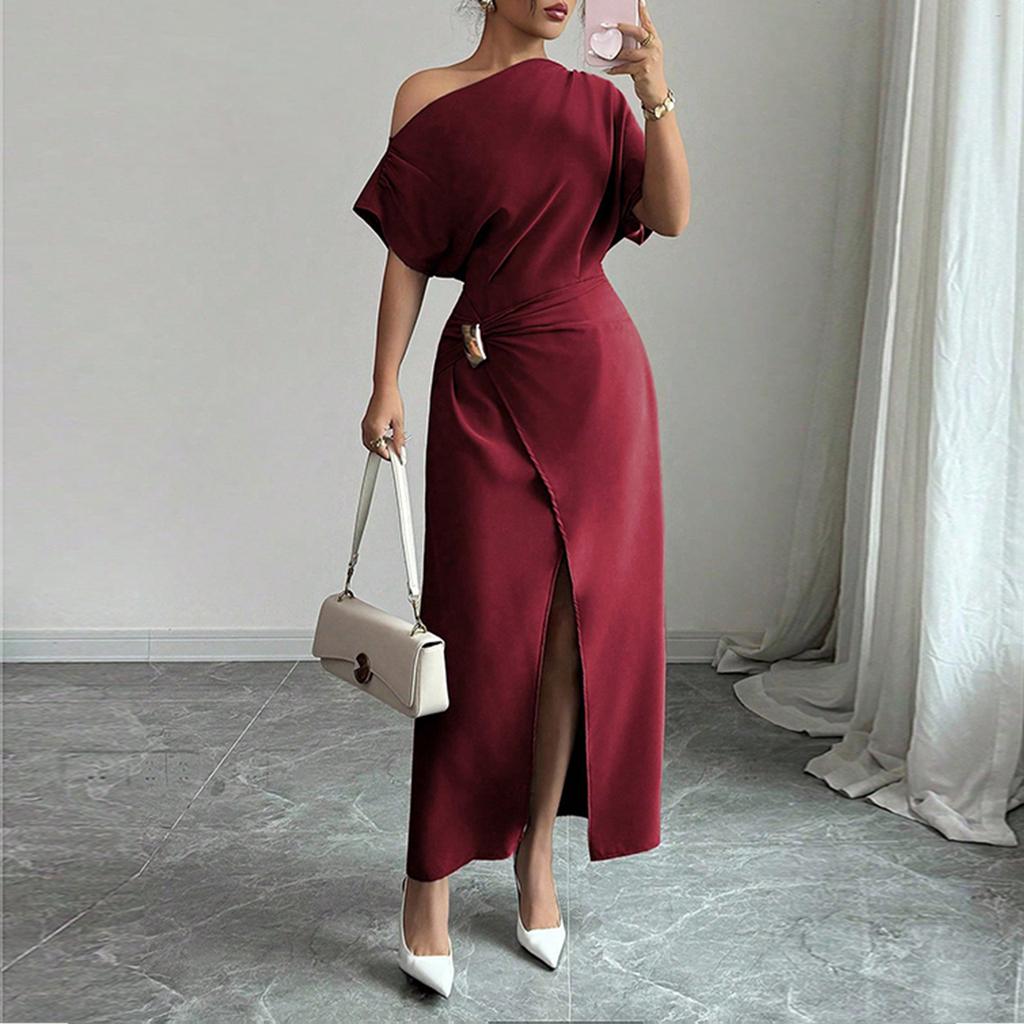 Women's Summer Fashion Color Off Shoulder Split Elegant Slimming Hip Hugging Dress