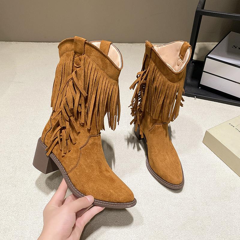 Fashion Retro Women's Boots Classic Western Cowboy Boots Fashion Fringed Design Botas Pointed Mid-calf Boots for Women Suede Casual Boot