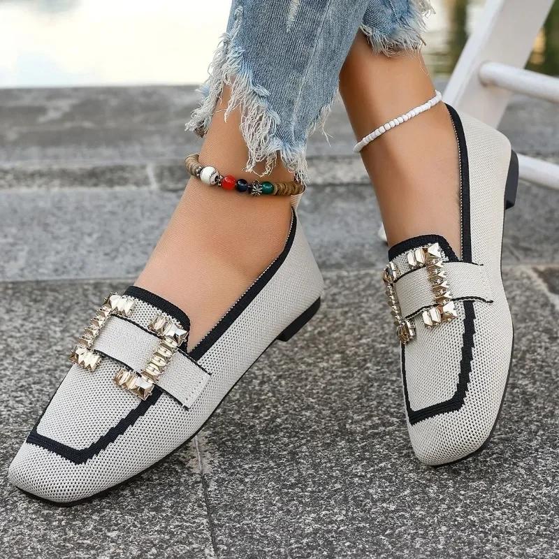 Ladies Shoes 2025 Mesh Women's Flats Plus Size Casual Flats Women Mixed Colors Metal Decoration Slip on Square Toe Shoes Women