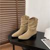 Beautiful Style Pointed Head Thin Thick Heel Piled Boots Ethnic Women's Year Autumn and Winter European Retro Pleated Short Boots