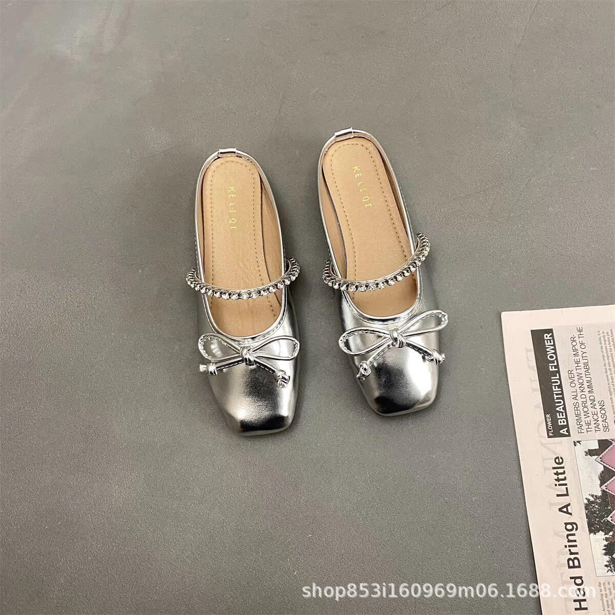 

Silver rhinestone bow bag head half slippers women s 2025 summer new flat-bottomed French Mary Jane square head slippers 35 серебряный