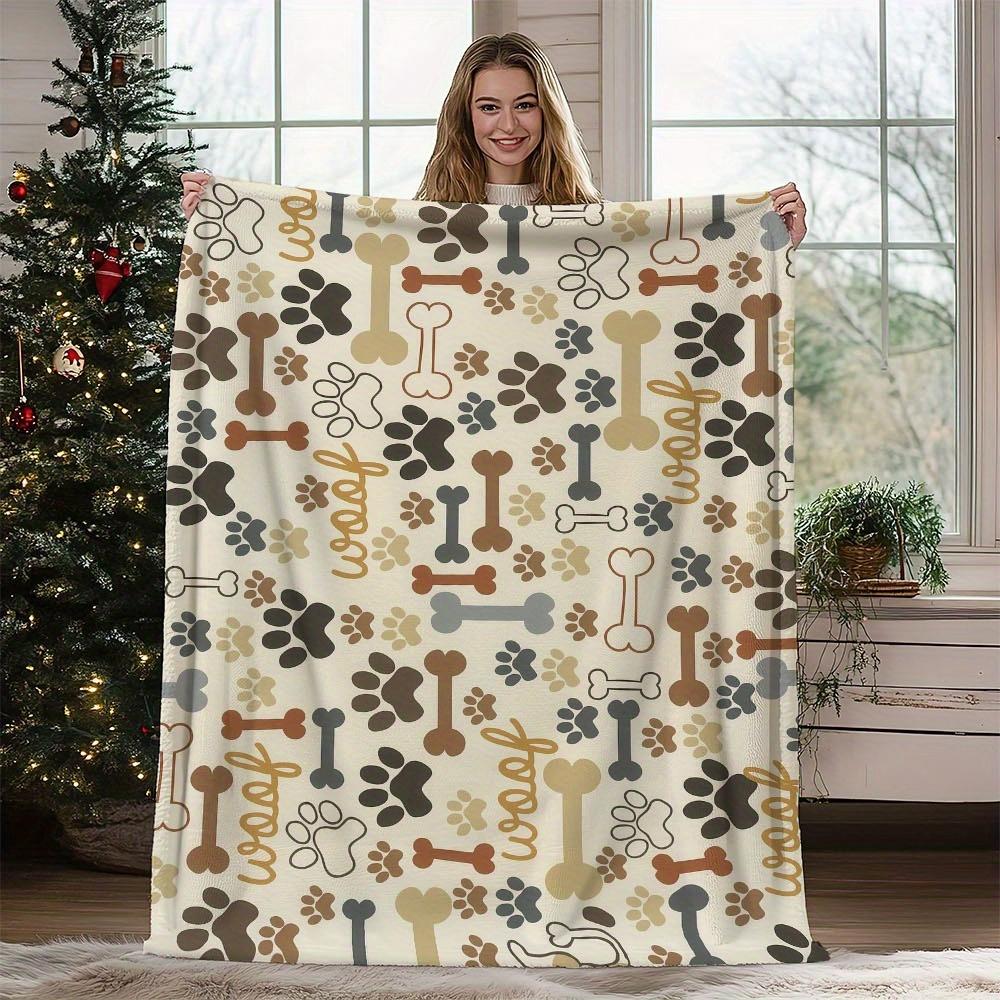 1pc Dog Lover Cozy Bed Sofa Throw Blanket with Paw Prints and Bone Pattern Soft Warm Lightweight Gift for Pet Owners Living Room Decor Washable Holida