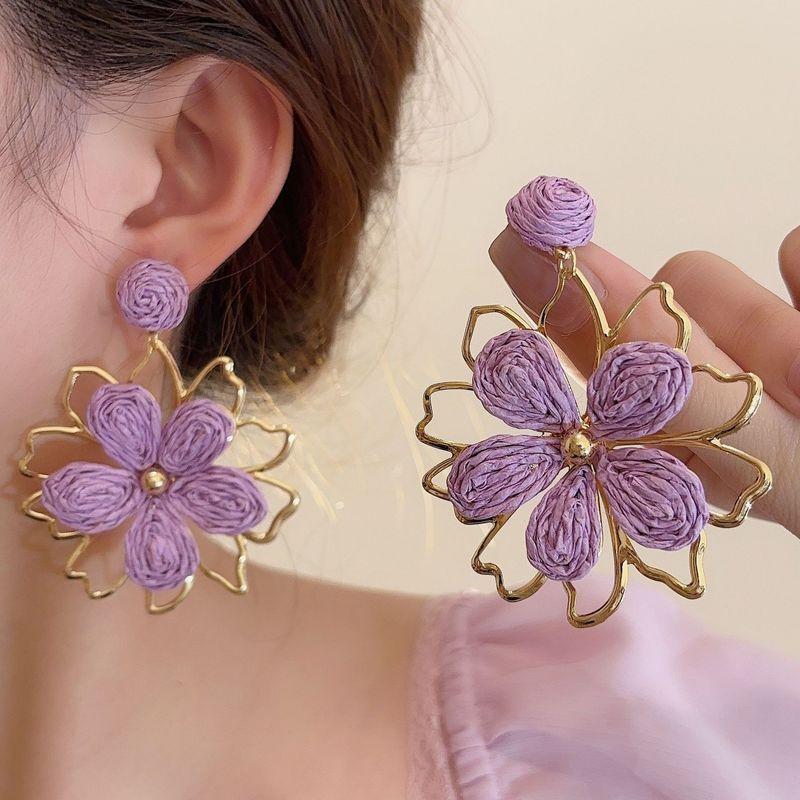 

Warm Bali Vacation Style Woven Yellow Flower Earrings Female Ear Clip Graceful Earrings Seaside High-Profile Earrings No pierced ears! Purple Flower flower ear clip