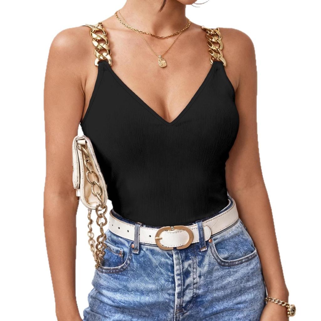 Women's Sexy V-Neck Sleeveless Camisole T-Shirt with Slim Fit and Backless Design