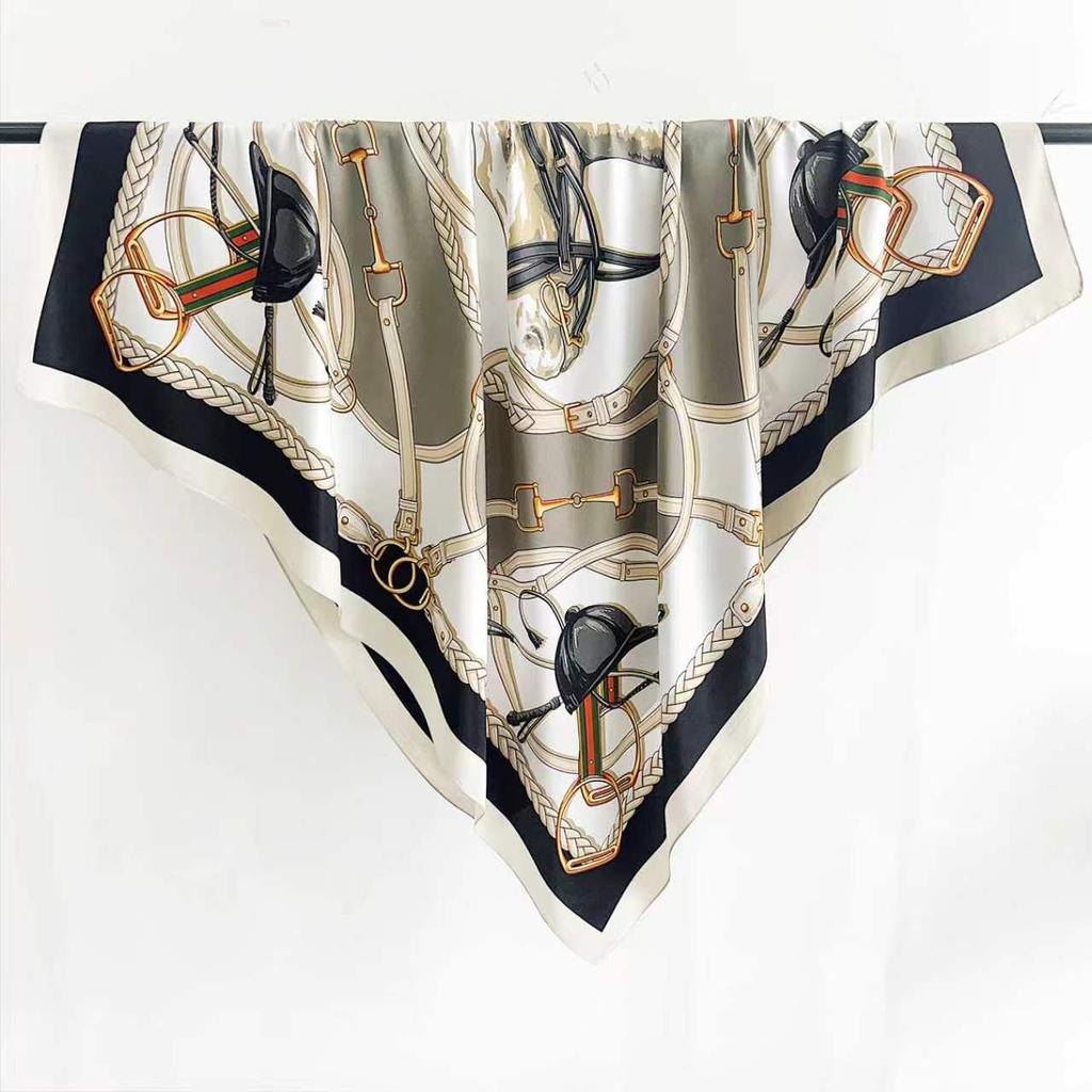 French Design Elegant Equestrian Printing Imitation Silk Scarf Large Square Scarf Retro Versatile Shawl Light Luxury Fashion Scarf