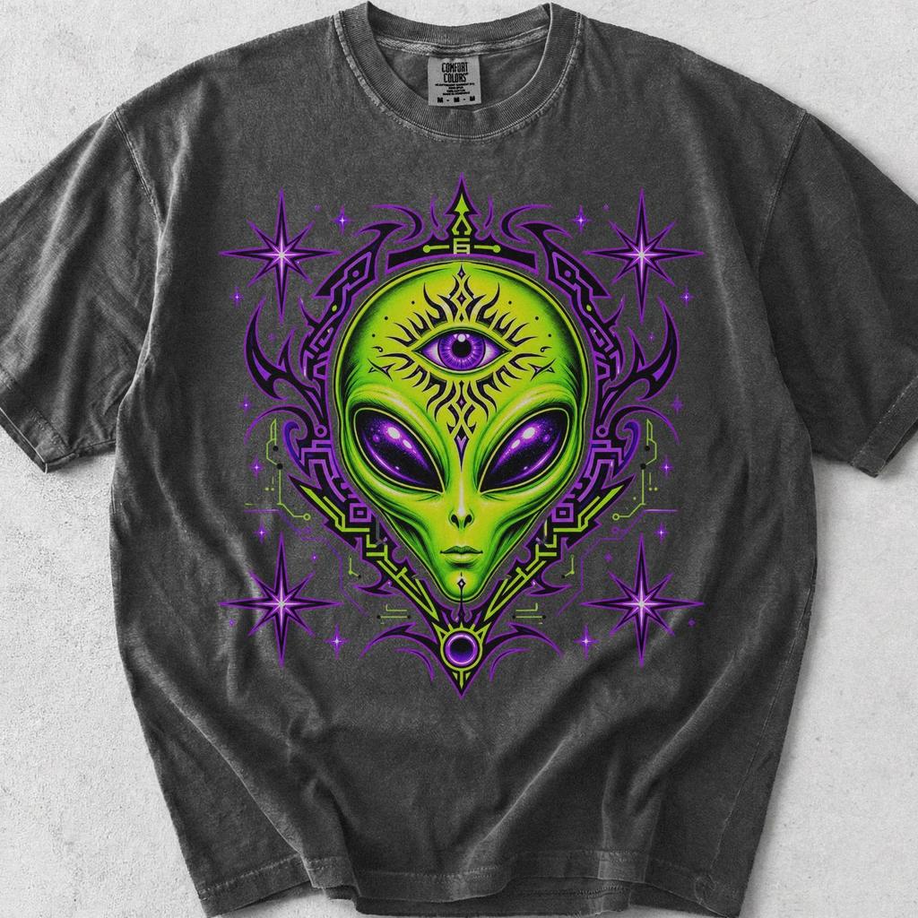 Acid Green Alien Graphic Tee, 90s Rave, Comfort Colors Cotton