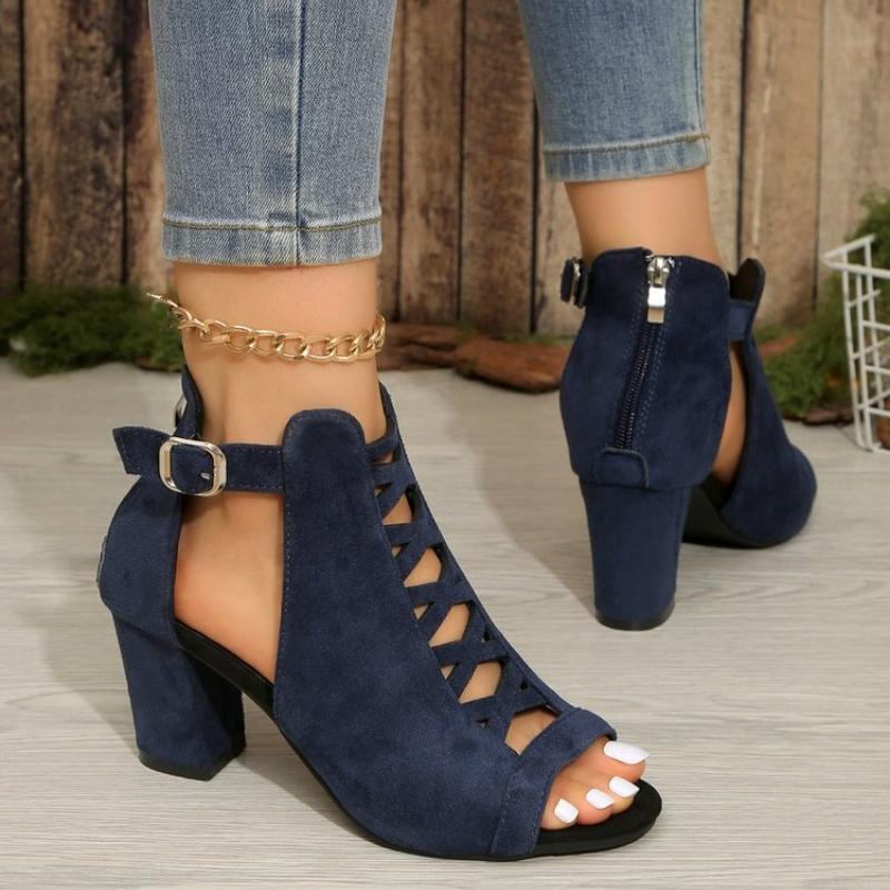 Summer New Round Toe Open Toe Cutout Zipper Soft Sole Non-slip Block Heel Women's Shoes Fish Mouth Sandals